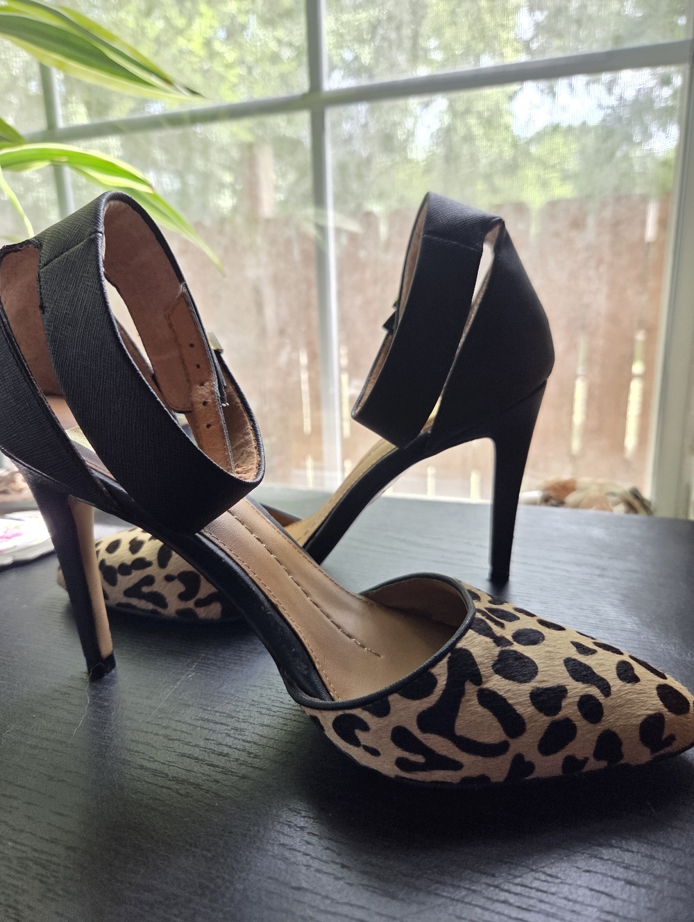 Women’s Leopard Print Pointed-Toe Heels with Black Ankle Strap